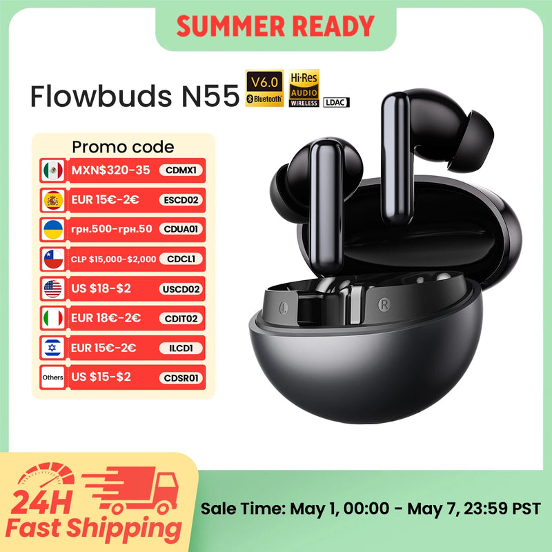 HAYLOU Flowbuds N55 Wireless Earbuds 54dB Adaptive ANC Bluetooth 6.0 LDAC Hi-Res Audio